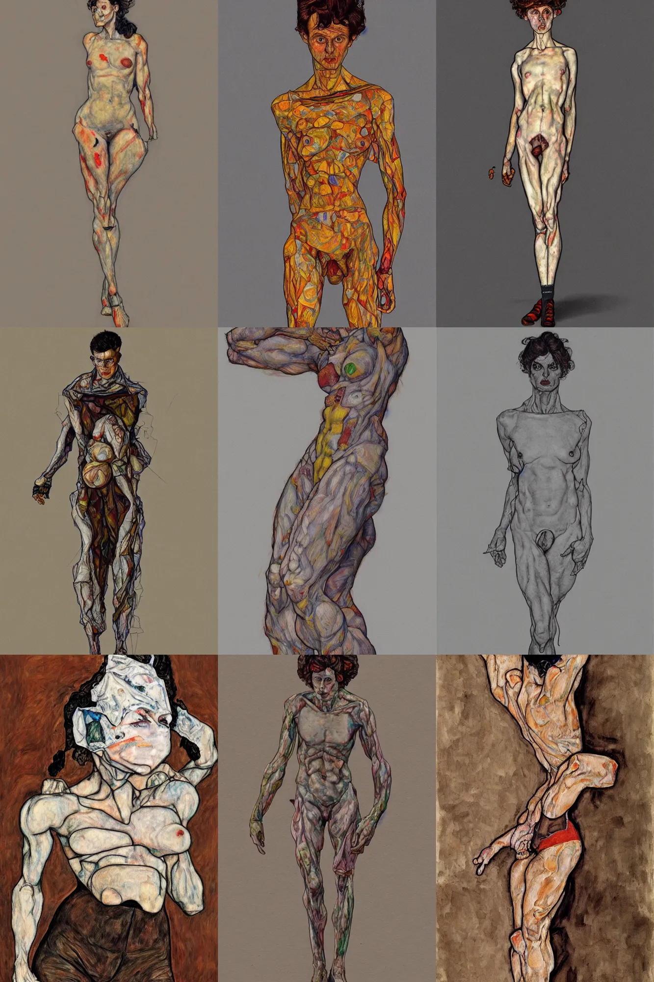 Prompt: a full body character in style of egon schiele and heracut, masterpiece, hyperdetailed, complex, intricate, veiled, 8 k, dynamic!!, distorted pose, trending on artstation,
