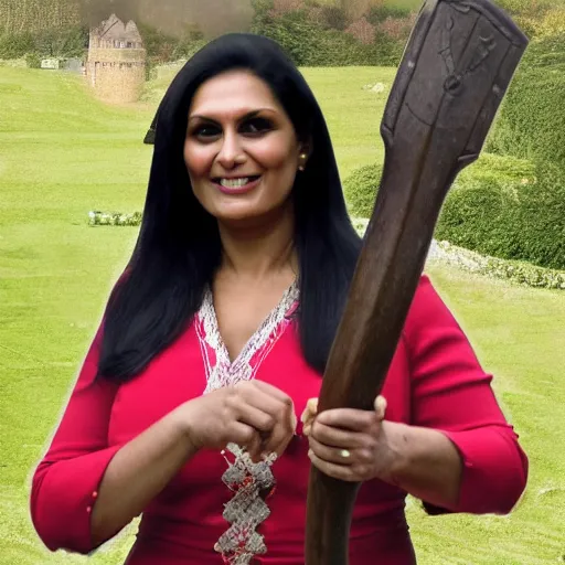 Image similar to A medium shot photograph of priti patel holding a large medieval axe, 4k , HD