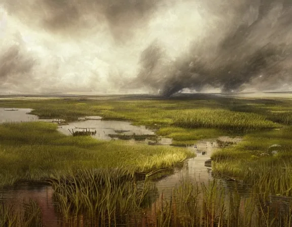 Prompt: hopeless dreary bog of reeds, river swamp, insect plague, mist. distant perspective, drone perspective. detailed digital illustration for mtg. dnd fantasy epic illustration by john constable, inspired by jesper ejsing, irakli nadar. traditional oil on canvas, private collection