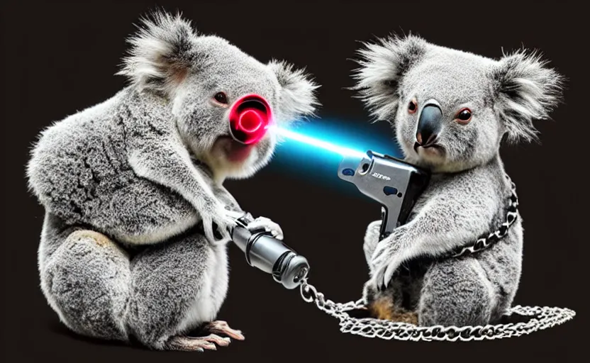 Image similar to “ cute koala with very big eyes, wearing a bandana and chain, holding a laser gun, standing on a desk, digital art, award winning ”