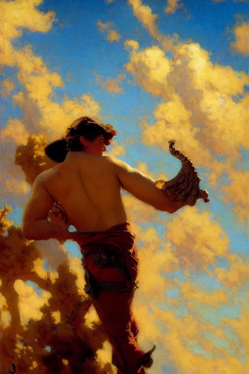 Prompt: attractive male painting sky, painting by gaston bussiere, craig mullins, j. c. leyendecker