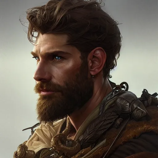 Image similar to Portrait of rugged male ranger, D&D, muscular, fantasy, intricate, elegant, highly detailed, digital painting, artstation, concept art, smooth, sharp focus, illustration, art by artgerm and greg rutkowski and alphonse mucha