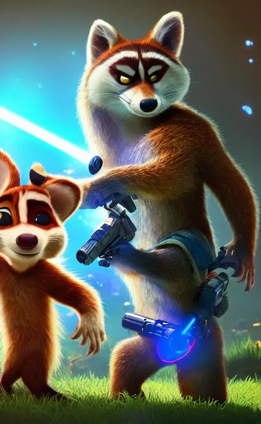 Image similar to “red racoon holding laser gun facing off with blue racoon holding laser gun, cinematic, dramatic in the style of zootopia”