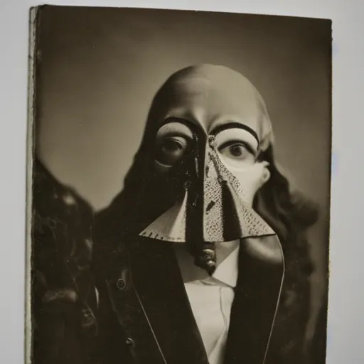 Prompt: photo portrait of 19 century metal fine detail engravings runes face mask cultist lord rich baron by Diane Arbus and Louis Daguerre