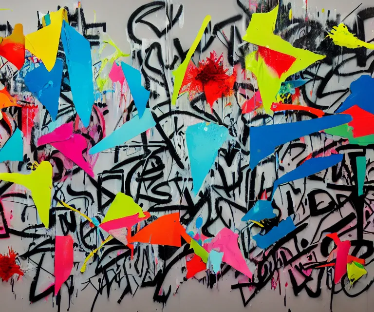 Image similar to acrylic and spraypaint, painting, paint drips, acrylic, graffiti throws, graffiti bubble letters, wildstyle, clear shapes, spraypaint, smeared flowers, origami crane drawings, oil pastel gestural lines, large triangular shapes, painting by ashley wood, basquiat, jeremy mann, masterpiece