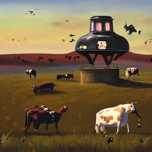 Image similar to a ufo stealing cows, painting