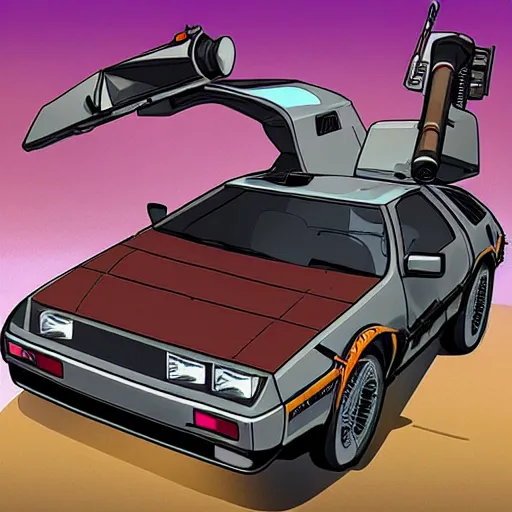 Image similar to a rusty delorean in the style of madd maxx with attached weapons