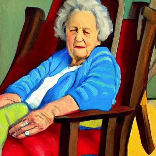 Image similar to painting in the zandinsky style of a grandmother sitting in a rocking chair, surrounded by her grandchildren, while she tells them a story