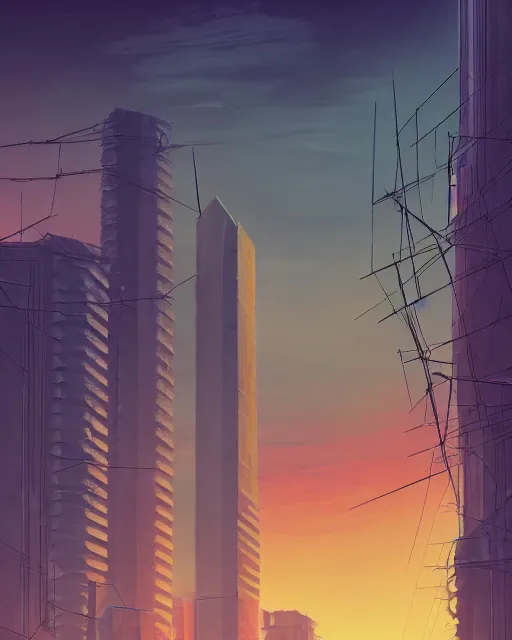 Image similar to architecture by alvaro leite siza vieira, postcyberpunk crystal myst sci - fi evil wilderness san andreas sunset apocalyptic laser atlantis at night at dusk anime vice city, archdaily, wallpaper, highly detailed, trending on artstation.