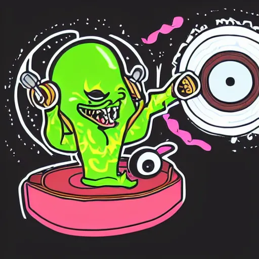 Image similar to svg sticker of a Pop-Wonder Alien-Bog-Monster-Swamp-Rat-Thunder-Coot-Racing-Fan at a rave, spinning records, giant headphones rocking out, wearing headphones, huge speakers, dancing, rave, DJ, spinning records, digital art, amazing composition, rule-of-thirds, award-winning, trending on artstation, featured on deviantart