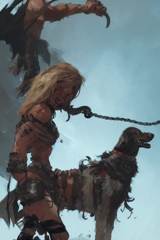 Image similar to comic book cover. barbarian with a dog leash by greg rutkowski, trending on artstation