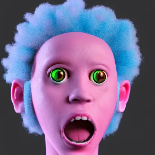 Image similar to a cyclops girl with a blue eye. pink afro hair. big mouth. 4k. ultrarealistic. render in octane