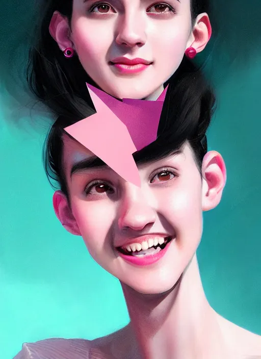 Image similar to portrait of high school girl, realistic, black hair, bangs, half updo hairstyle, pointy nose, skinny, smile, ugly, defined jawline, big chin, pink hair bow, earrings, intricate, elegant, glowing lights, highly detailed, digital painting, artstation, sharp focus, illustration, art by wlop, mars ravelo and greg rutkowski