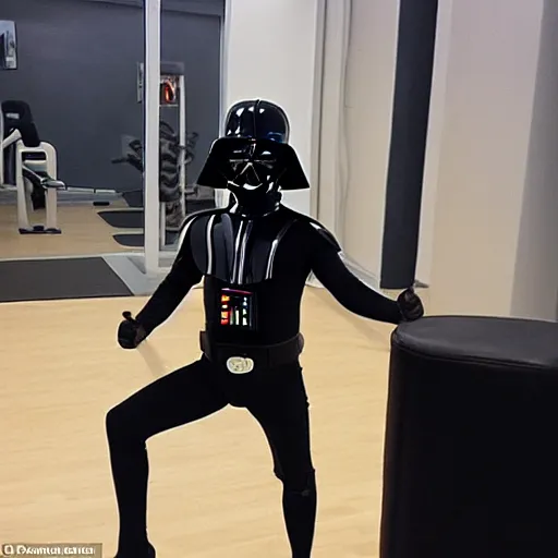 Prompt: Darth Vader in a unitard at Curves working out and doing aerobics