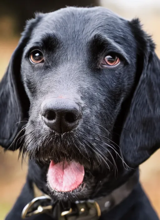 Prompt: closeup portrait of a black hunting terrier wearing a black suit