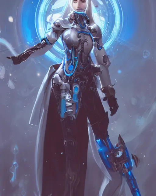 Image similar to holy cyborg necromancer girl, elegant, scifi, futuristic, utopia, garden, illustration, atmosphere, top lighting, blue eyes, white hair, focused, artstation, highly detailed, art by yuhong ding and chengwei pan and serafleur and ina wong