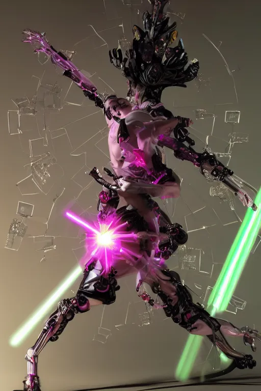 Image similar to full-body rococo and cyberpunk style quartz sculpture of a young handsome seductive japenese android ninja reaching for the sky, glowing pink laser eyes, crown of white gears and diamonds, swirling green-colored silk fabric. futuristic elements. full-length view. intricate artwork by caravaggio. Trending on artstation, octane render, cinematic lighting from the right, hyper realism, octane render, 8k, depth of field, 3D