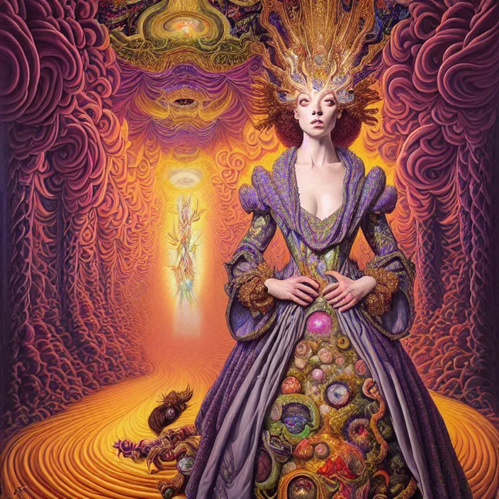 Image similar to beautiful oil painting, full length portrait of dauphinois in baroque coronation robes 1701, Dan Mumford, Dan Mumford, Alex grey, hyacinthe rigaurd, highly detailed , lsd visuals, dmt fractal patterns, hallucinogen, visionary art, psychedelic art, ornate, vaporwave, baroque, Greg rutkowski