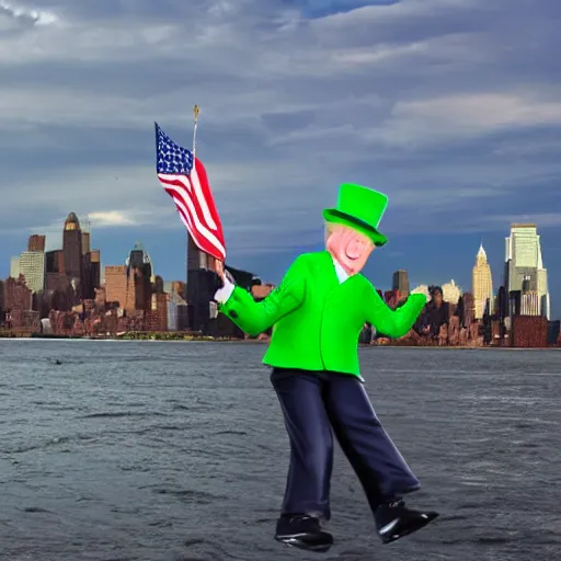 Prompt: donald trump tossing a small leprechaun in to the hudson river, hyper realistic, wide shot, photography, award winning, 8 k,