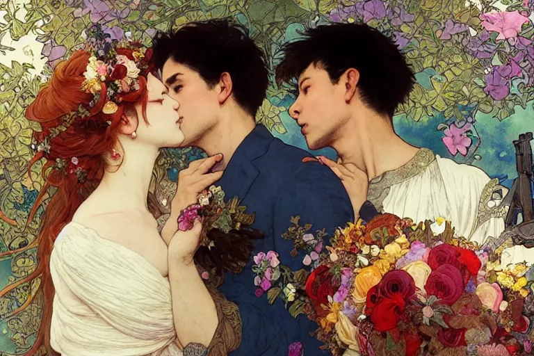 Image similar to the groom kisses the bride at a wedding full of flowers, bright and happy, dreamlike art, highly detail, 4 k realistic, wedding photoy krenz cushart. artem demura. alphonse mucha. yoji shinkawa artgerm. jon lothian. danilo torres. adi meyers. thomas reimann. gaston bussiere.