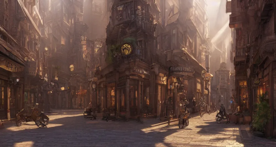 Image similar to steampunk city streets by don bluth, trending on artstation, octane render