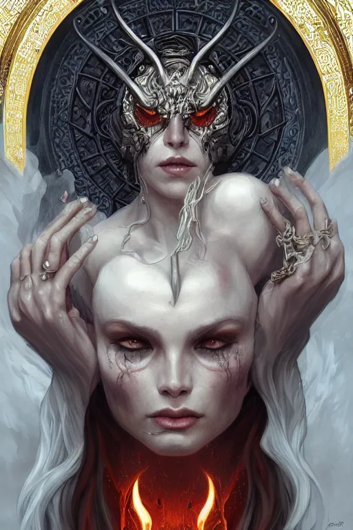 Image similar to ultra realistic illustration, asmodeus from diablo and baldurs gate, intricate, elegant, highly detailed, digital painting, artstation, concept art, smooth, sharp focus, illustration, art by artgerm and greg rutkowski and alphonse mucha