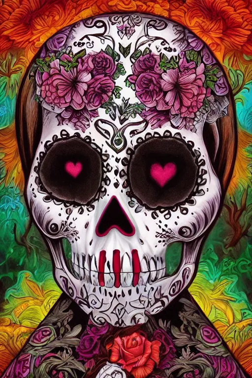 Prompt: illustration of a sugar skull day of the dead girl, art by dan seagrave