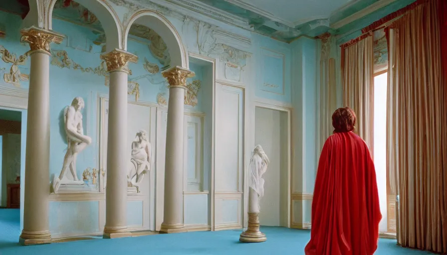 Prompt: 1 9 7 0 s movie still of socrate in red drapery in a light blue neoclassical building with waterfall and collums, cinestill 8 0 0 t 3 5 mm, high quality, heavy grain, high detail, panoramic, ultra wide lens, cinematic light, dramatic light, flares anamorphic