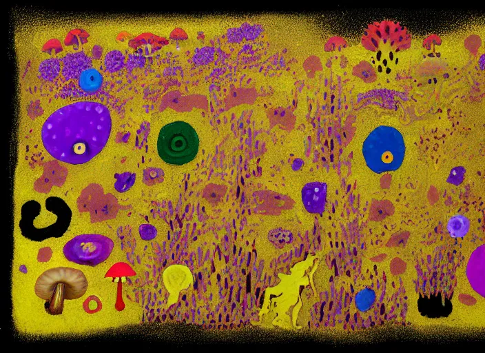 Image similar to pixel decollage painting golden armor alien zombie horseman riding on a crystal bone dragon broken rainbow diamond maggot horse in a blossoming meadow full of colorful mushrooms and golden foil toad blobs in a golden sunset, distant forest horizon, painted by Mark Rothko, Helen Frankenthaler, Danny Fox and Hilma af Klint, pixelated, neo expressionism, semi naive, rich deep colors, cinematic, color field painting, cave painting, voxel, pop art look, outsider art, minimalistic. Bill Traylor painting, part by Philip Guston and Francis Bacon. art by Adrian Ghenie, 8k, extreme detail, intricate detail, masterpiece