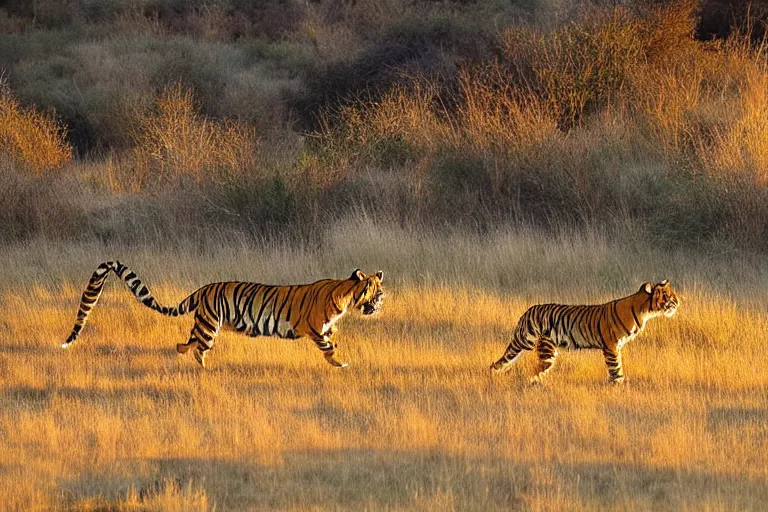 Prompt: tiger in the left, antelope in the right, the antelope is chasing the tiger, golden hour, 6 0 0 mm, wildlife photo, national geographics