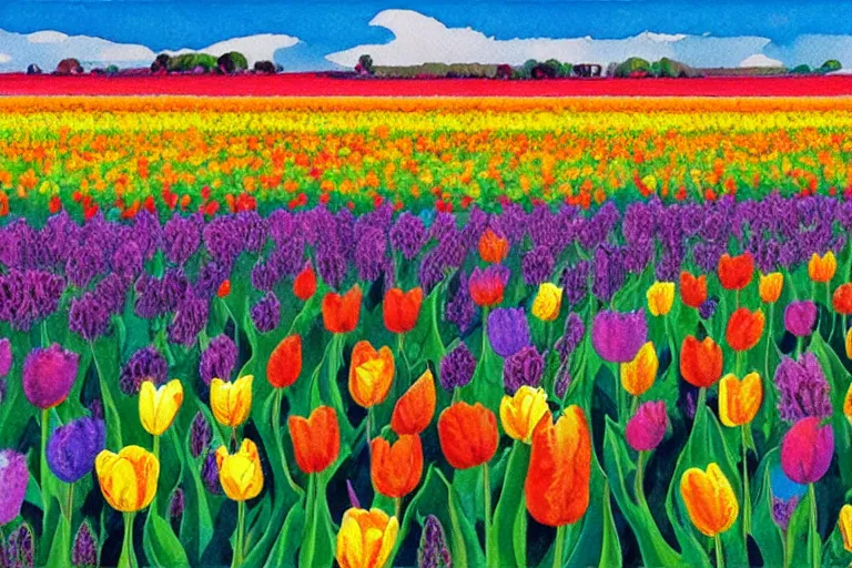 Prompt: painting of a tulip field with rolling hills, watercolour by wes wilson, victor moscoso, robert crumb, peter max, william finn, martin sharp