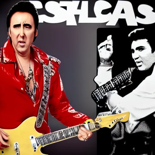 Image similar to nicolas cage as elvis presley playing the guitar over a poker table