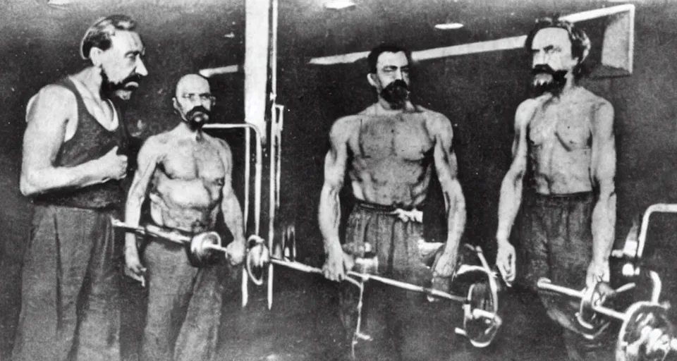 Prompt: photo in color, stalin and lenin in the gym, clear photo