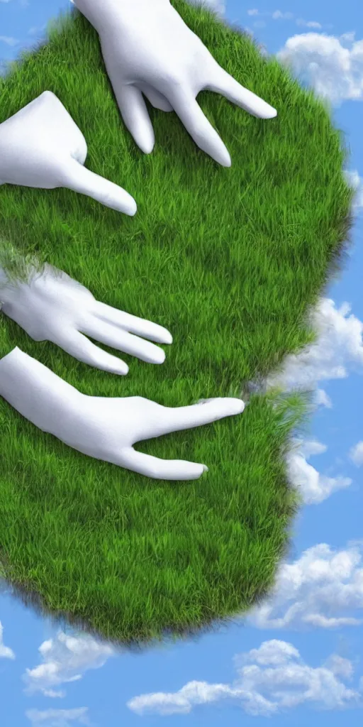 Prompt: a white glove hand with ten fingers is grabbing the cloth of reality surrounded by grass on a green field below dramatic airbrushed clouds ps1 psx style