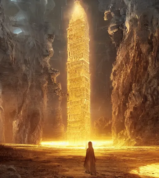 Image similar to tarkovsky greatest scene, the ancient destroyed majestic tower of babylon, woman in futuristic cyber clothing, transparent puffer jacket, hyper realistic, blockchain, cyber world, ambient lighting, concept art, intricate, hyper detailed, smooth, dynamic volumetric lighting, octane, ray trace, cinematic, high quality, high resolution, 4 k, cgsociety