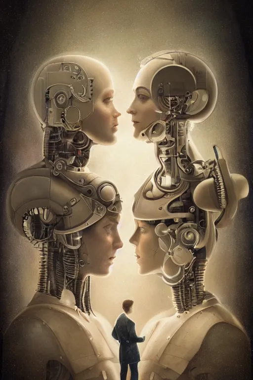 Image similar to a beautiful ultradetailed vintage photo of two cyborgs facing away from each other, by tom bagshaw and anna dittman, couples portrait, vignette, 35mm lens, golden ratio composition, detailed faces, studio photography, very detailed, humanoids, industrial robots, artstation, 8k, highly coherent