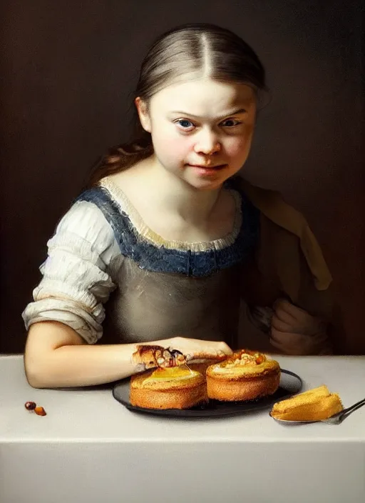 Prompt: greta thunberg eating cakes painted by rembrandt, detailed digital art, trending on Artstation