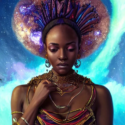 Image similar to an african celestial goddess with exploding nebula in background, kemetic, D&D, fantasy, intricate, elegant, highly detailed, digital painting, artstation, concept art, matte, sharp focus, illustration, art by Artgerm and Greg Rutkowski and Alphonse Mucha