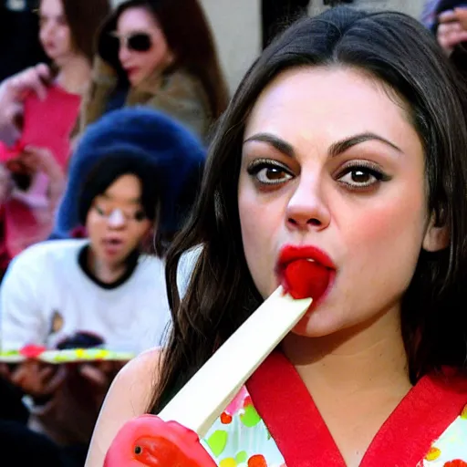 Image similar to mila kunis eating a hot dog with chopsticks, mixed with party clowns