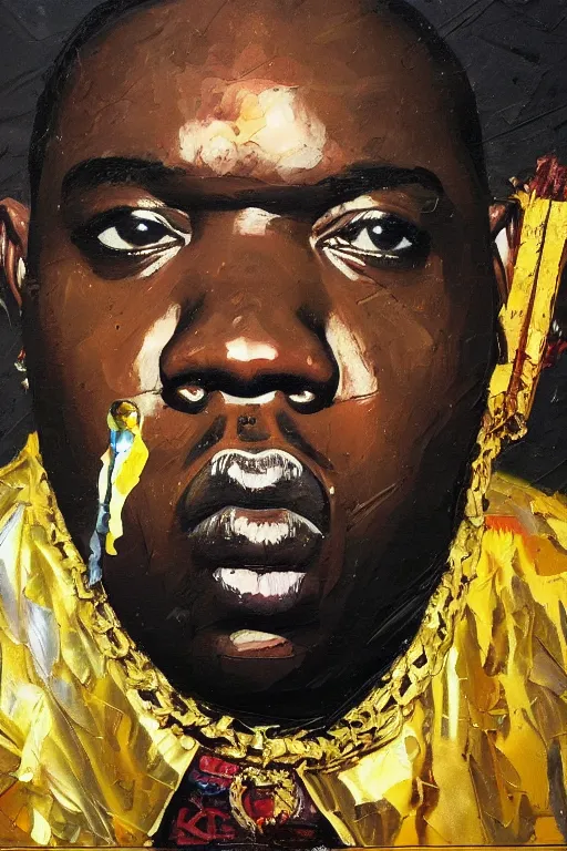 Prompt: palette knife oil painting portrait of notorious big, a king - with gold crown, man in mafia wear and australian aboriginal body paint, concrete balcony, nightclub, artstation trending, artgerm, any racial background, deviant art, hipster, octane, substance, art history 8 k