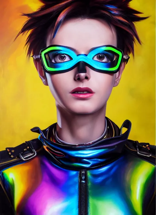 Prompt: realistic oil painting portrait of tracer overwatch, confident pose, wearing black iridescent rainbow latex, rainbow, neon, 4 k, expressive surprised expression, makeup, wearing detailed black leather collar, wearing sleek armor, studio lighting, black leather harness, expressive detailed face and eyes,