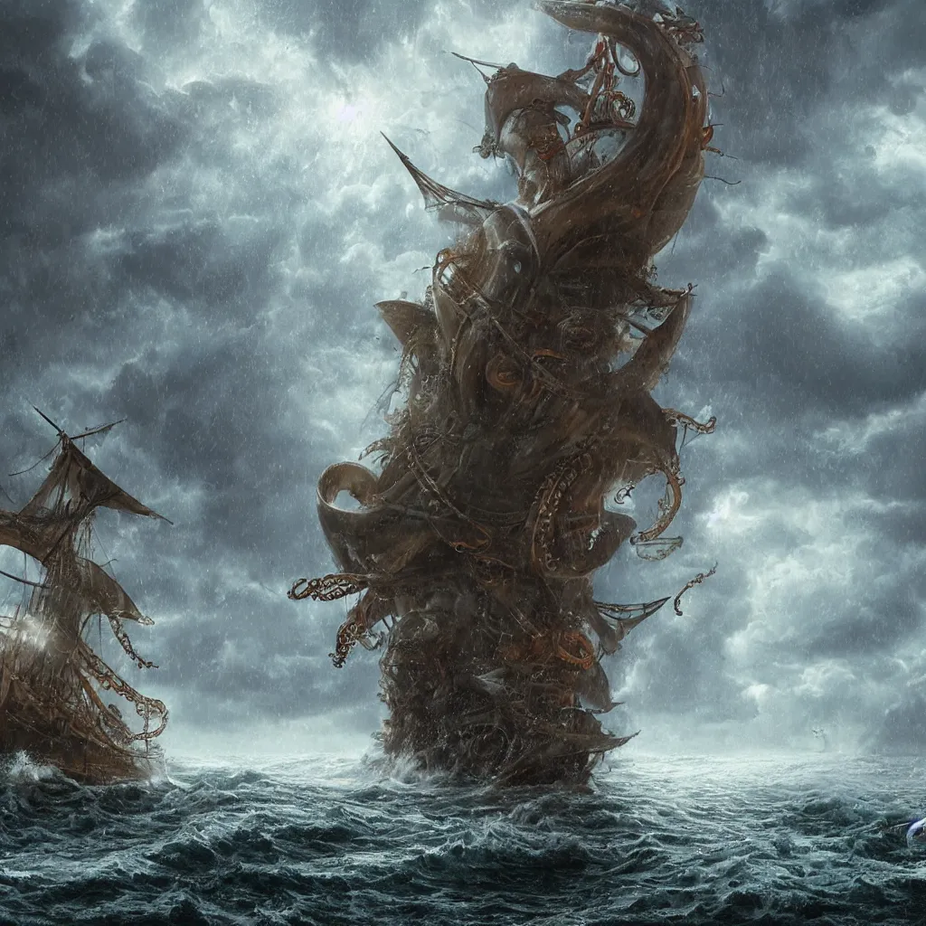 Image similar to A giant tentacle monster attacks a pirate ship at the edge of the world under a heavy rainstorm, 4k detailed digital art