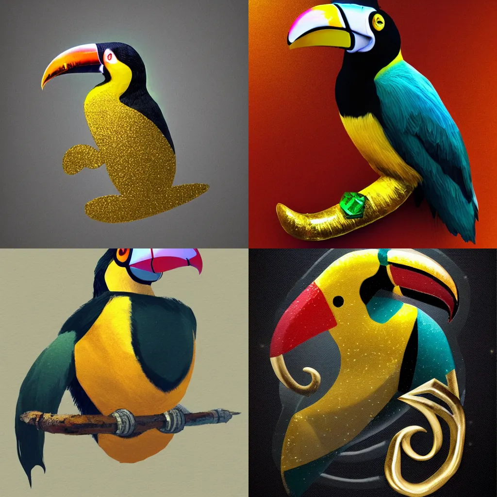 Prompt: Alchemist toucan, magical gold glittering runes spiralling around him. Photorealistic. Trending on Artstation