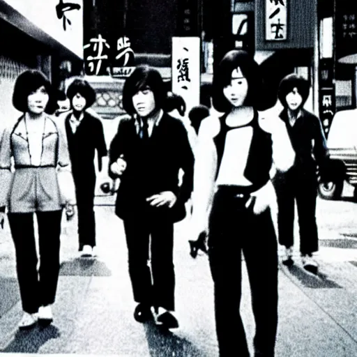 Image similar to 1 9 7 0 s, black and white japanese tv show, ph, mechanical monsters walking the streets of shinjuku