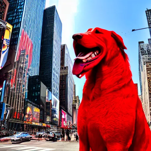 Prompt: a long shot of Clifford a big red dog 25 feet tall photographed in New York City, Times Square avenue barking at random tourists, 4k, detailed