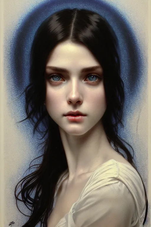 Image similar to ultra realistic, Beautiful black haired woman, Porcelain white complexion, big blue eyes, cute small lips., wearing jeans and white blouse, whip in hand, intricate details, eerie, highly detailed, octane render, 8k, art by artgerm and alphonse mucha and greg rutkowski