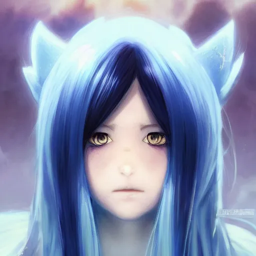 Image similar to profile shot of rimuru tempest, sky blue, straight hair, long bangs, amber eyes, wearing a black jacket with white stripes, high collar, highly detailed, unreal engine 5, digital painting, cinematic, wlop | artgerm, pixiv, yoshitaka amano, greg rutkowski, ilya kuvshinov, andy warhol