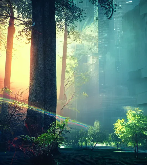 Image similar to symmetric daydreaming of the sun glare, fluidity dance of the blockchain sheets in the air, cyberpunk forest, majestic light, octane render, beauty fog, ethereal glare of the sun, raining rainbow, volumetric lighting, hyperealistic, epic, masterpiece