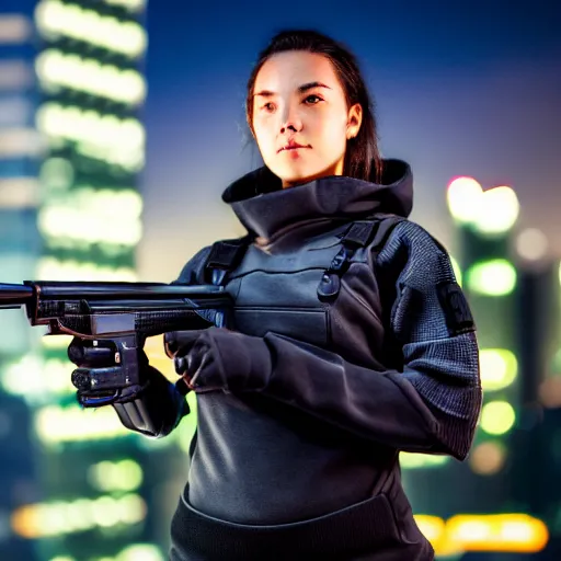 Image similar to photographic portrait of a techwear woman holding a shotgun, closeup, on the rooftop of a futuristic city at night, sigma 85mm f/1.4, 4k, depth of field, high resolution, 4k, 8k, hd, full color