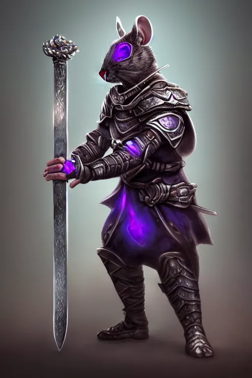 Prompt: armored mouse warrior holding a sword in one hand and reaching for a floating purple crystal with the other, trending on Artstation, rpg portrait, 8k, uhd